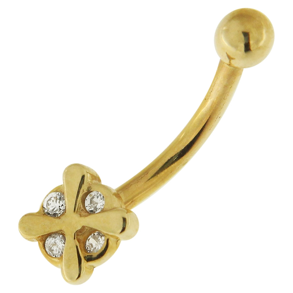4 Zirconia Stones Iron Cross 14K Gold Banana Belly Ring