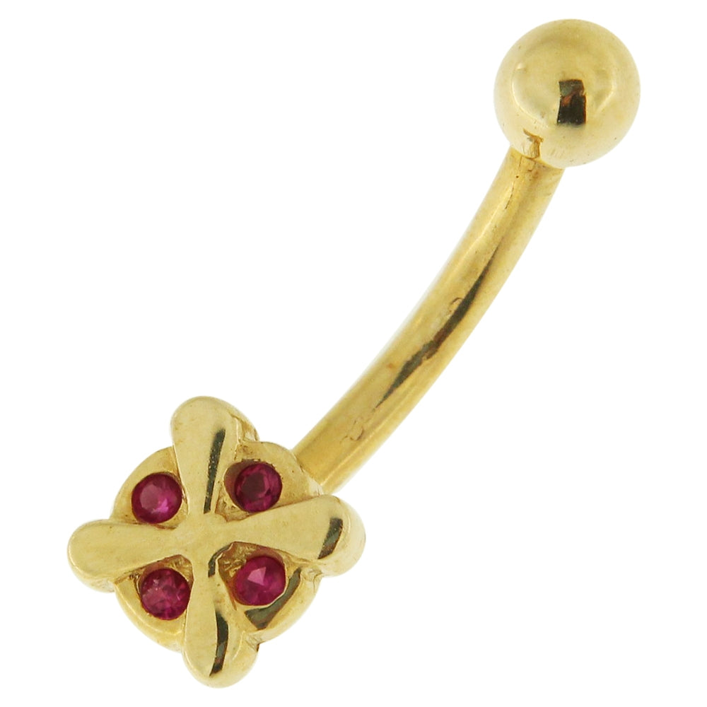 14K Gold 4 Stone Iron Cross Banana Bar Belly Ring