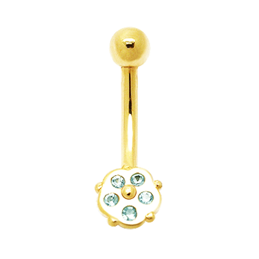 Jeweled Tiny Flower 14K Gold Banana Bar Navel Ring