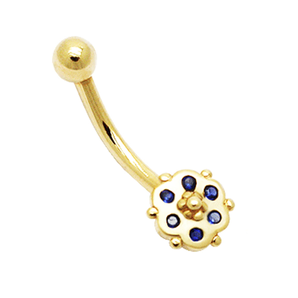 14K Gold Banana Bar Navel Ring With 6 Stone Tiny Flower