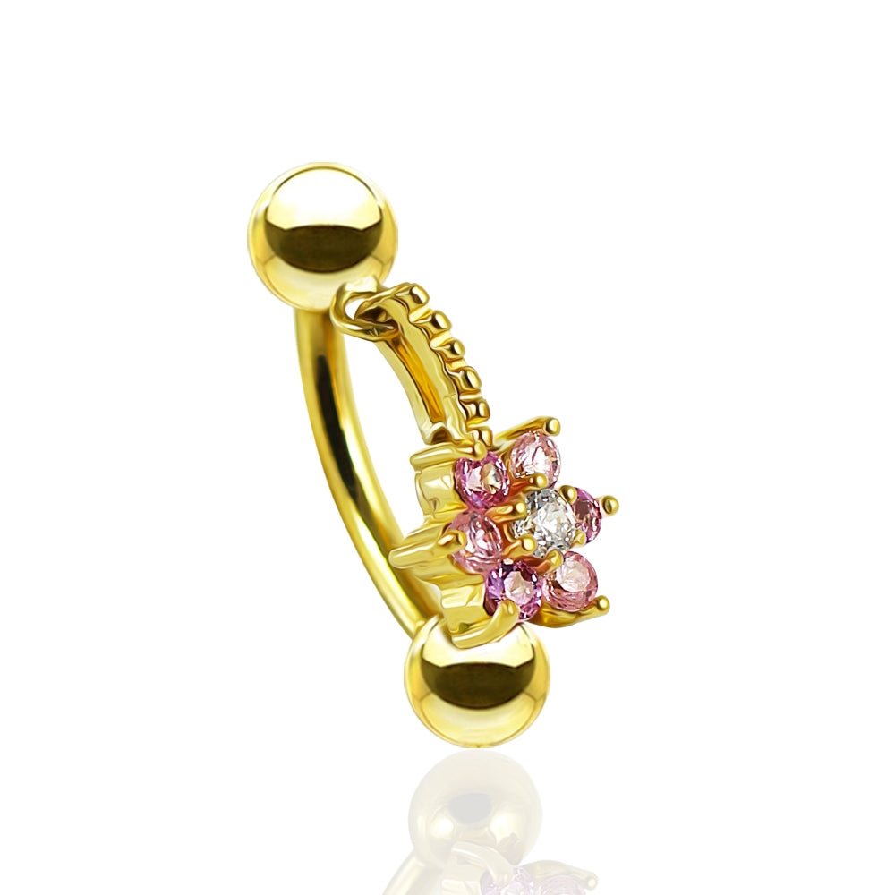 14K Gold Jeweled Floral Flower Reverse Dangling Navel Belly Ring