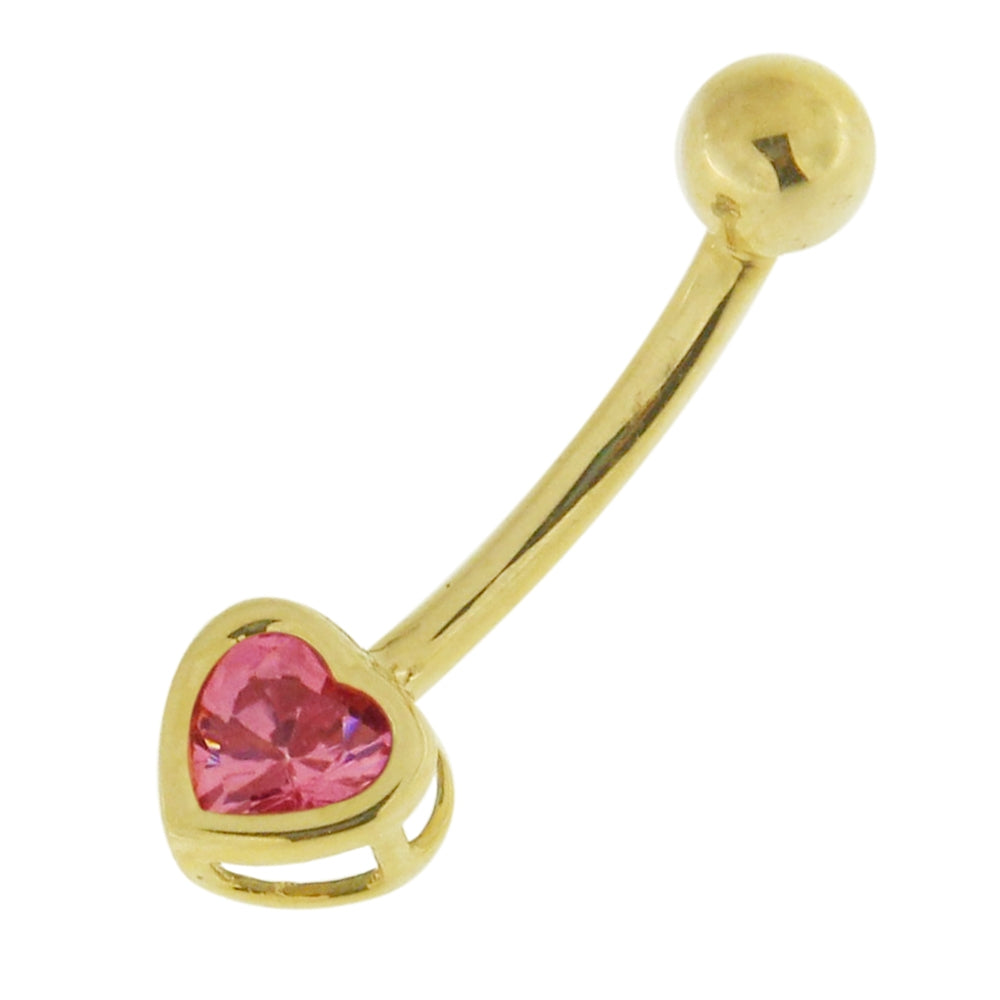 4mm 14K Solid Yellow Gold Pink Heart CZ Stone Navel Ring Banana Bar