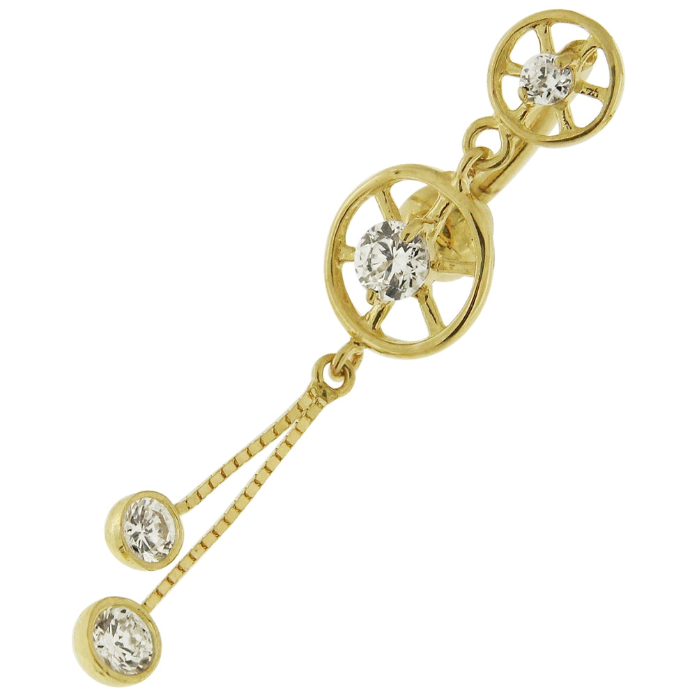 Double Circle Jeweled Dangling 14K Gold Banana Bar Navel Ring