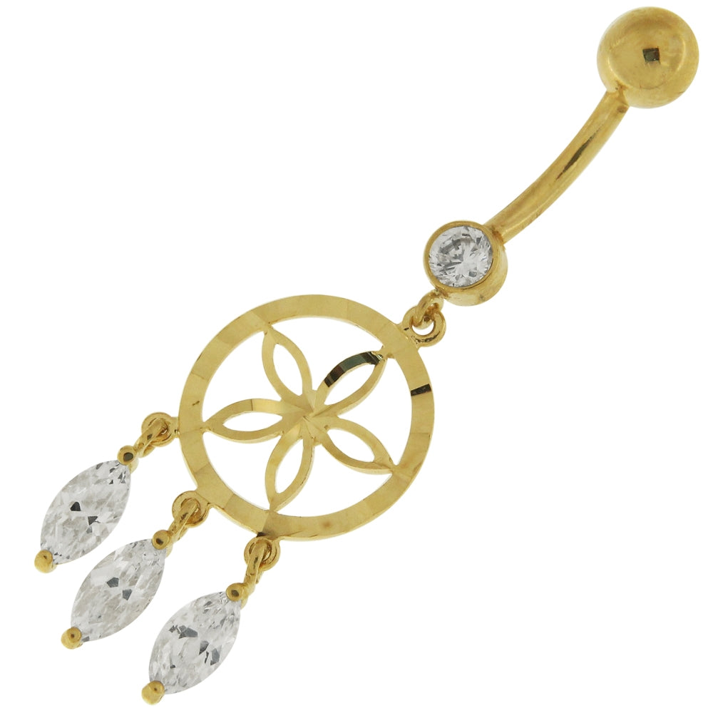 Jeweled Dangling 14K Old Look Gold Belly Ring