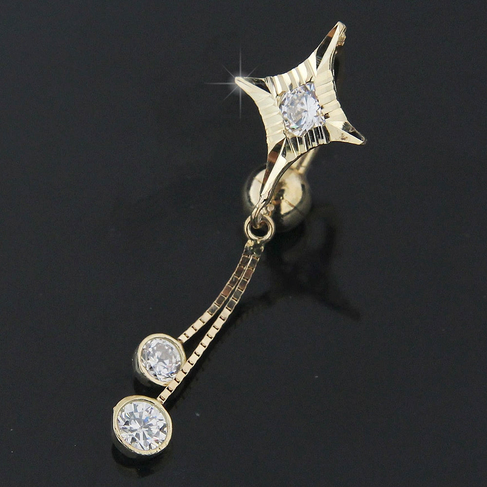 14K Hollow Gold Jeweled Dangling Banana Bar Belly Ring
