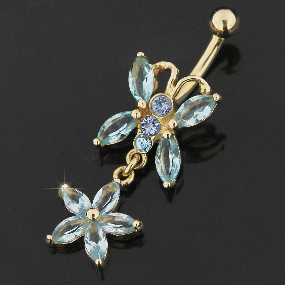 14K Gold Butterfly Dangling Belly Ring with Zirconia Stones