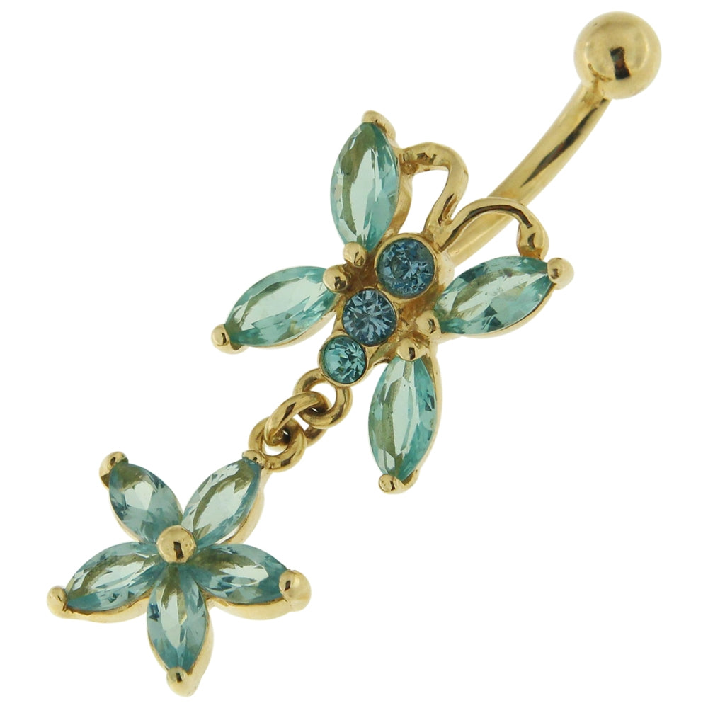 14K Gold Butterfly Dangling Belly Ring with Zirconia Stones