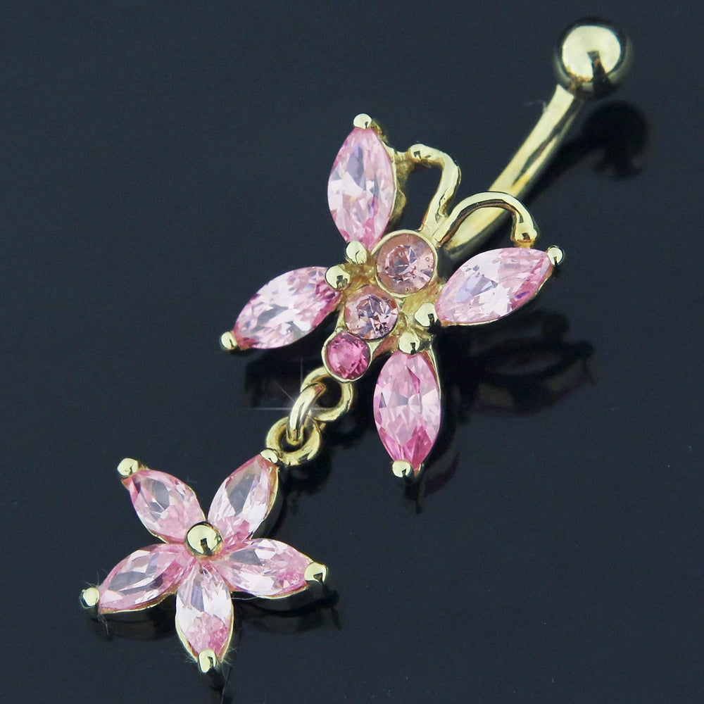 14K Gold Jeweled Butterfly Dangling Navel Ring