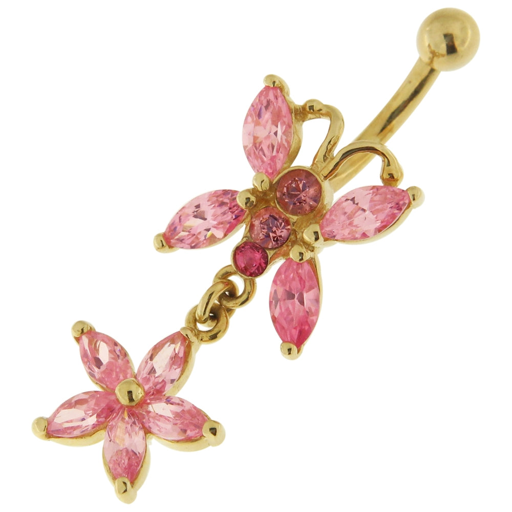 14K Gold Jeweled Butterfly Dangling Navel Ring