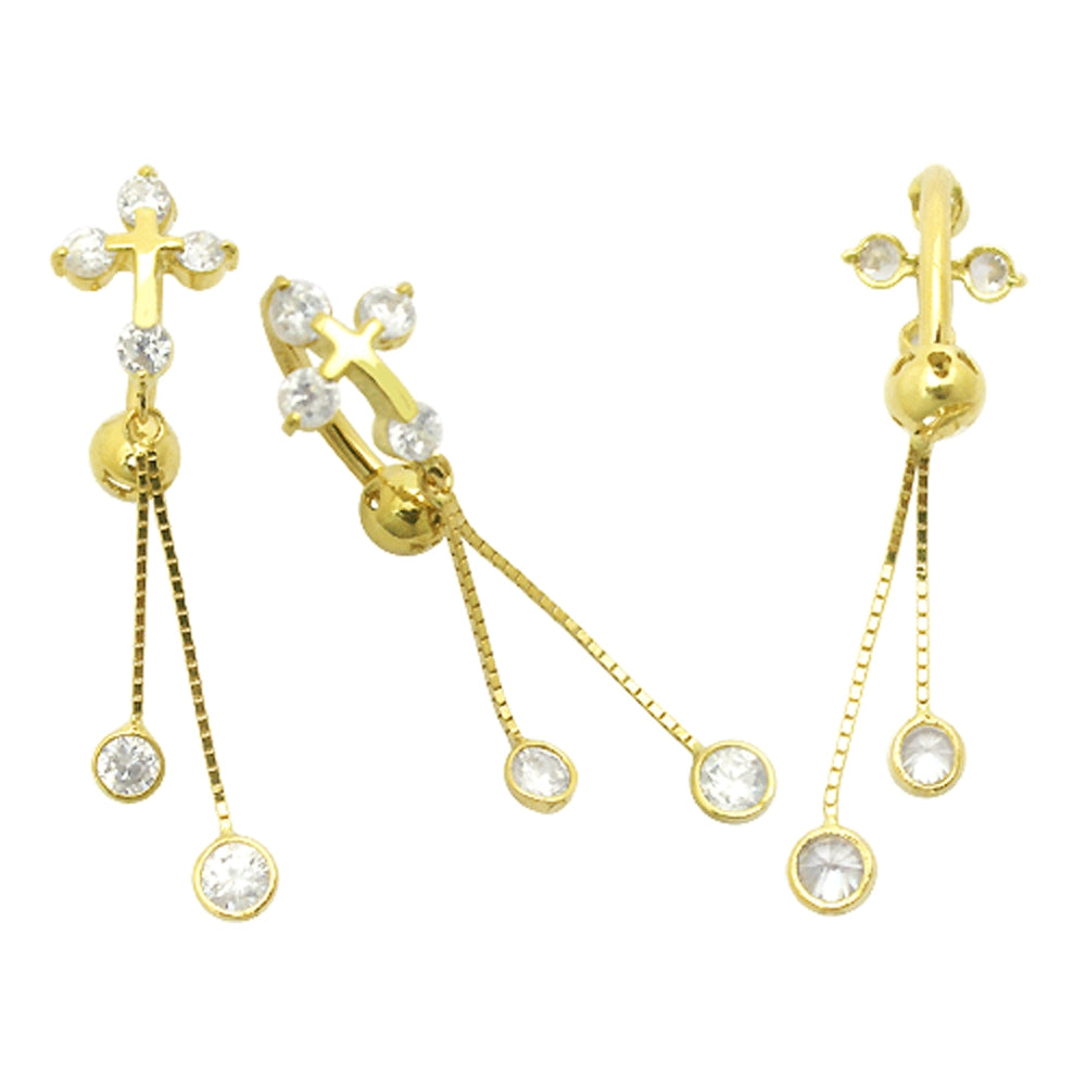 Jeweled Cross Dangling 14K Gold Reverse Belly Ring