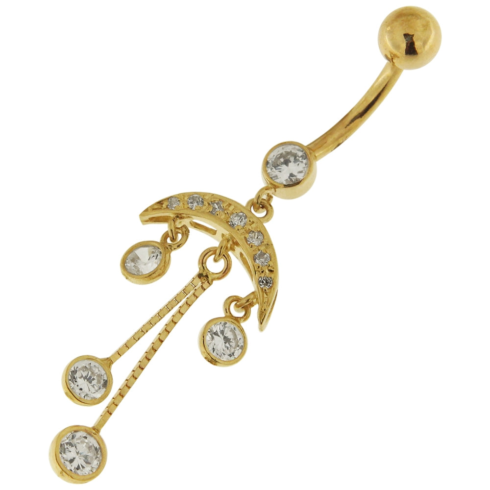 Dangling Tribal Design Jeweled 14K Gold Belly Ring