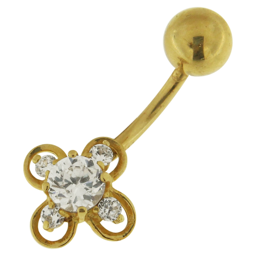 Jeweled Flower 14K Gold Banana Bar Belly Ring