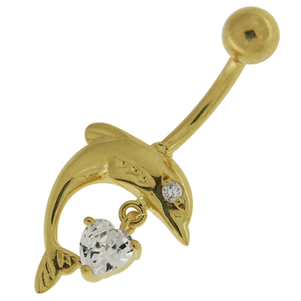 Jumping Dolphin with Dangling Jeweled Heart 14K Solid Yellow Gold Belly Ring