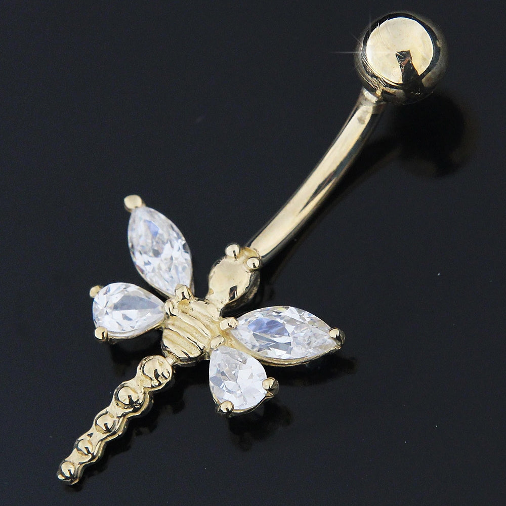 Dangling Tail Dragon Fly 14K Solid Yellow Gold Belly Button Ring