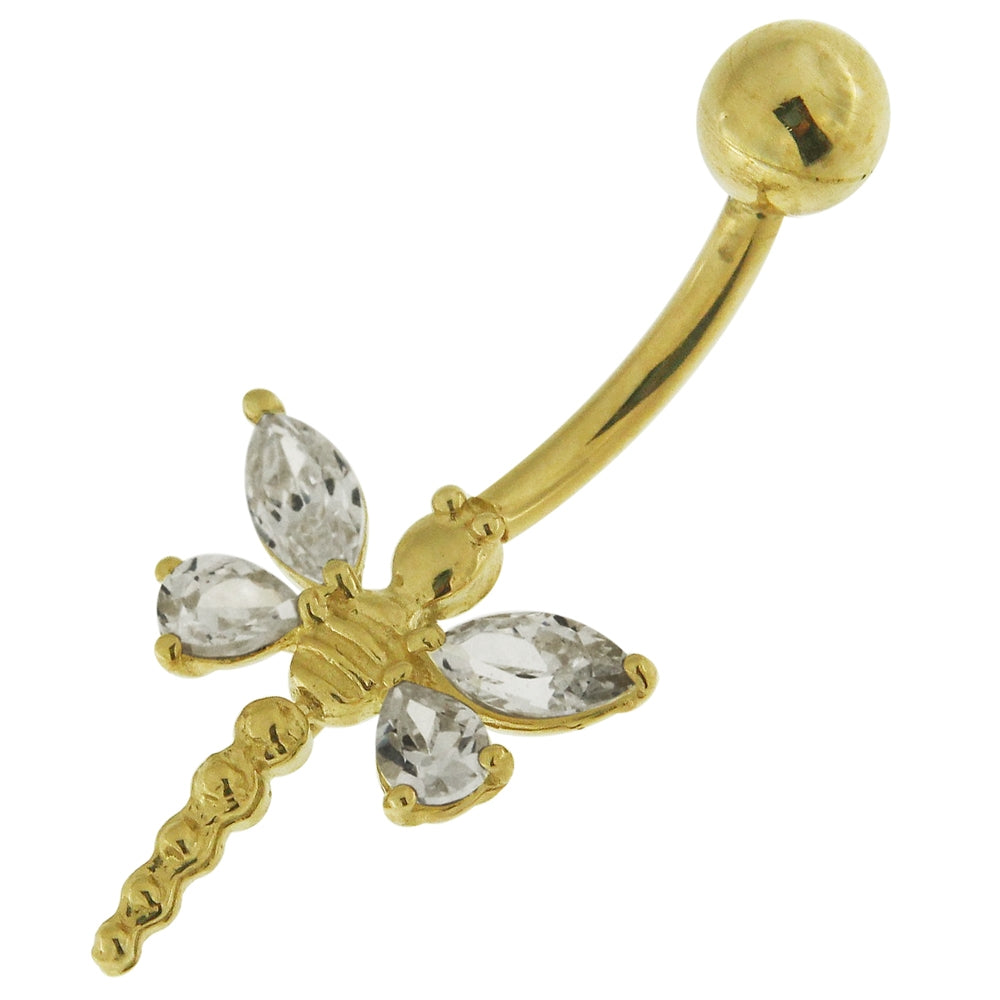 Dangling Tail Dragon Fly 14K Solid Yellow Gold Belly Button Ring