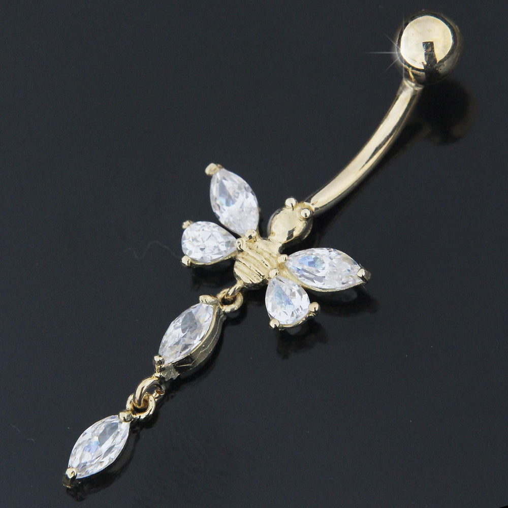14K Solid Yellow Gold Jeweled Butterfly Dangling Navel Belly Button Ring