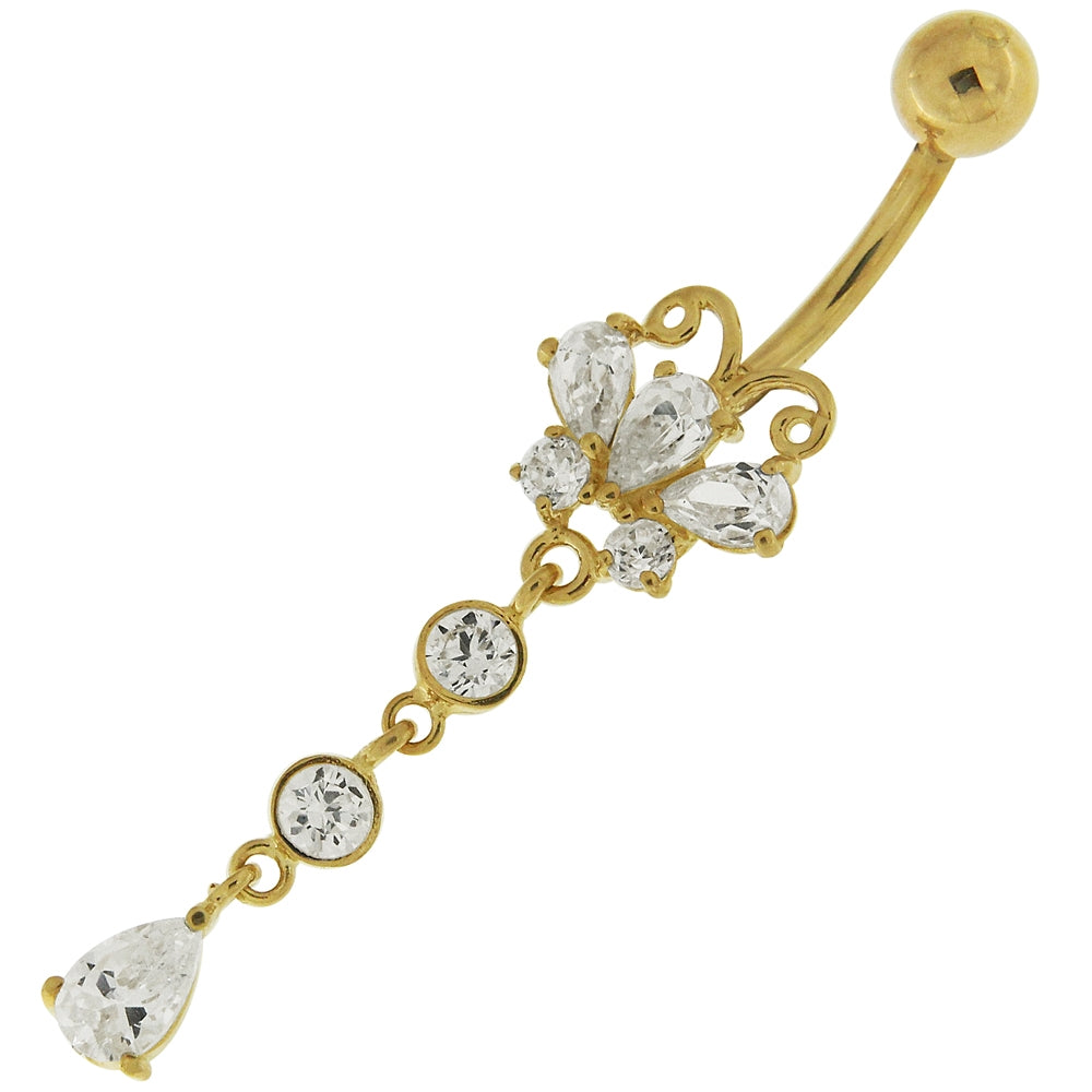 14K Gold Belly Ring Butterfly Dangling Jeweled