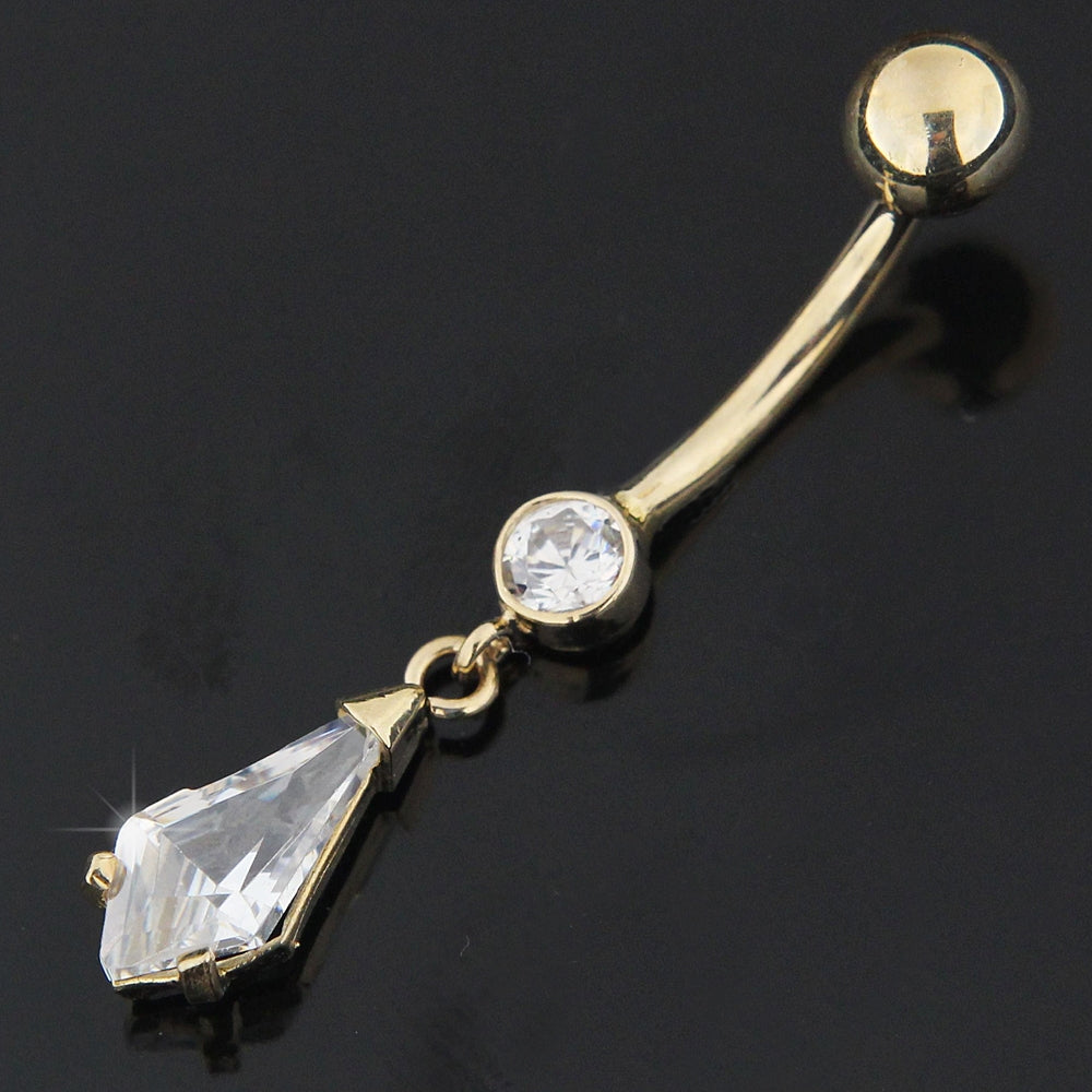 14K Solid Yellow Gold Banana Dangling Pear Jeweled Belly Bar