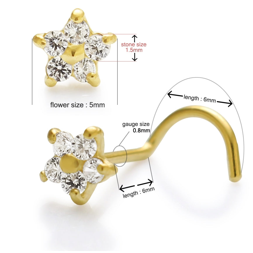 14K Gold Flower Nose Screw With Cubic Zirconia