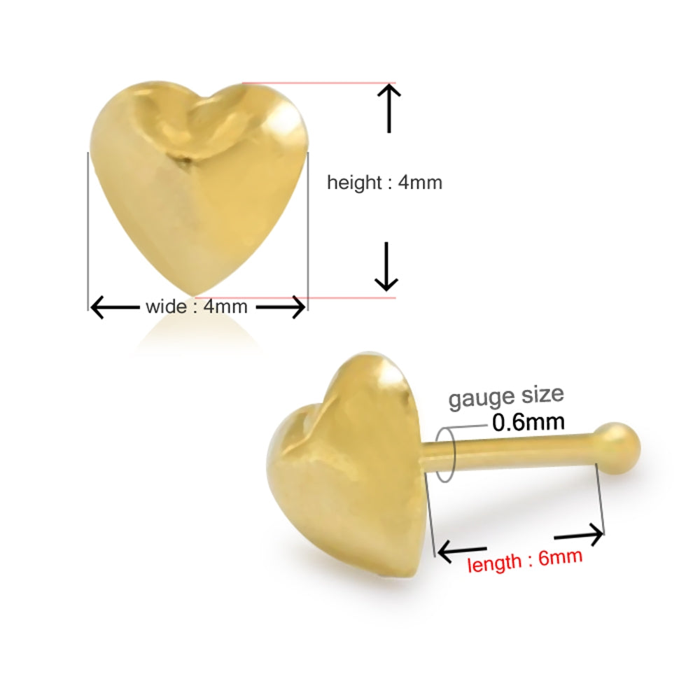 14K Gold Emboss Heart Ball End Nose Pin