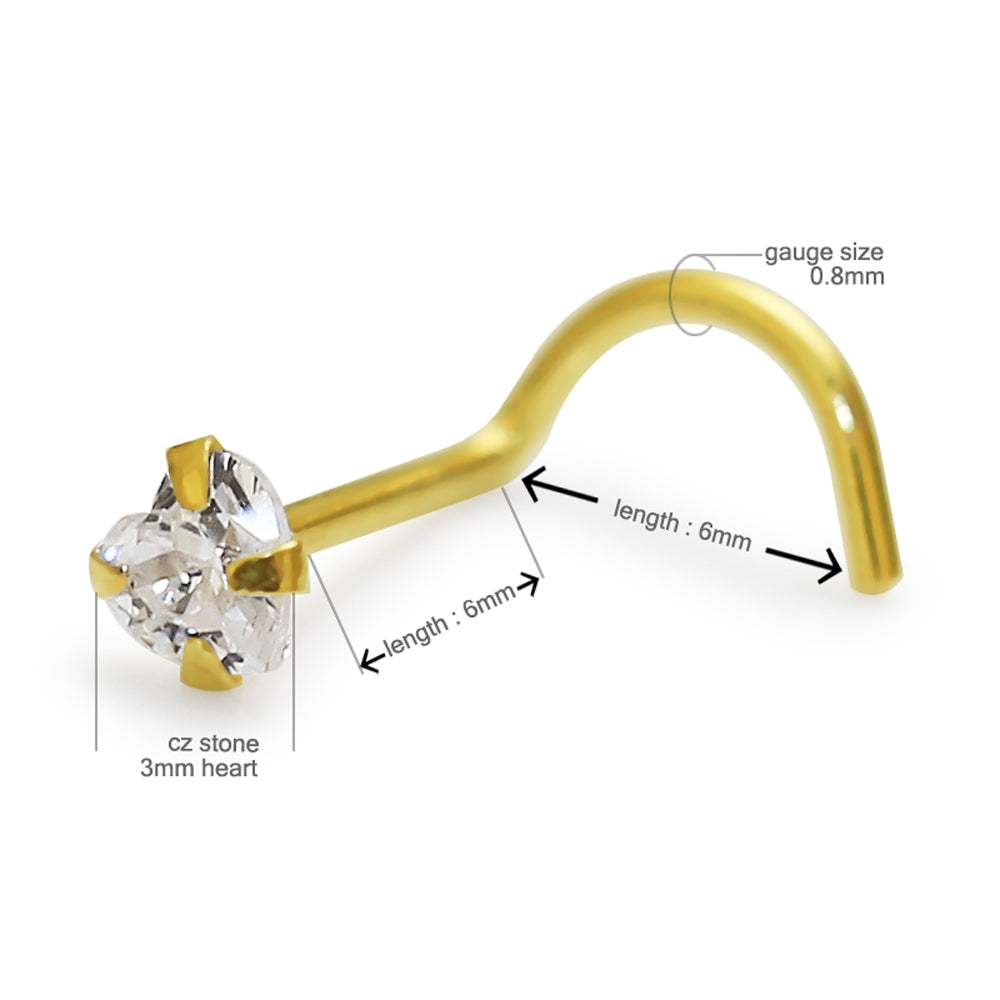 14K Gold Heart Jeweled Nose Screw