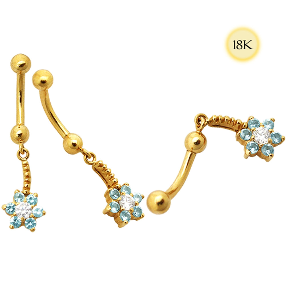 Jeweled Flower Dangling 18K Gold Belly Ring