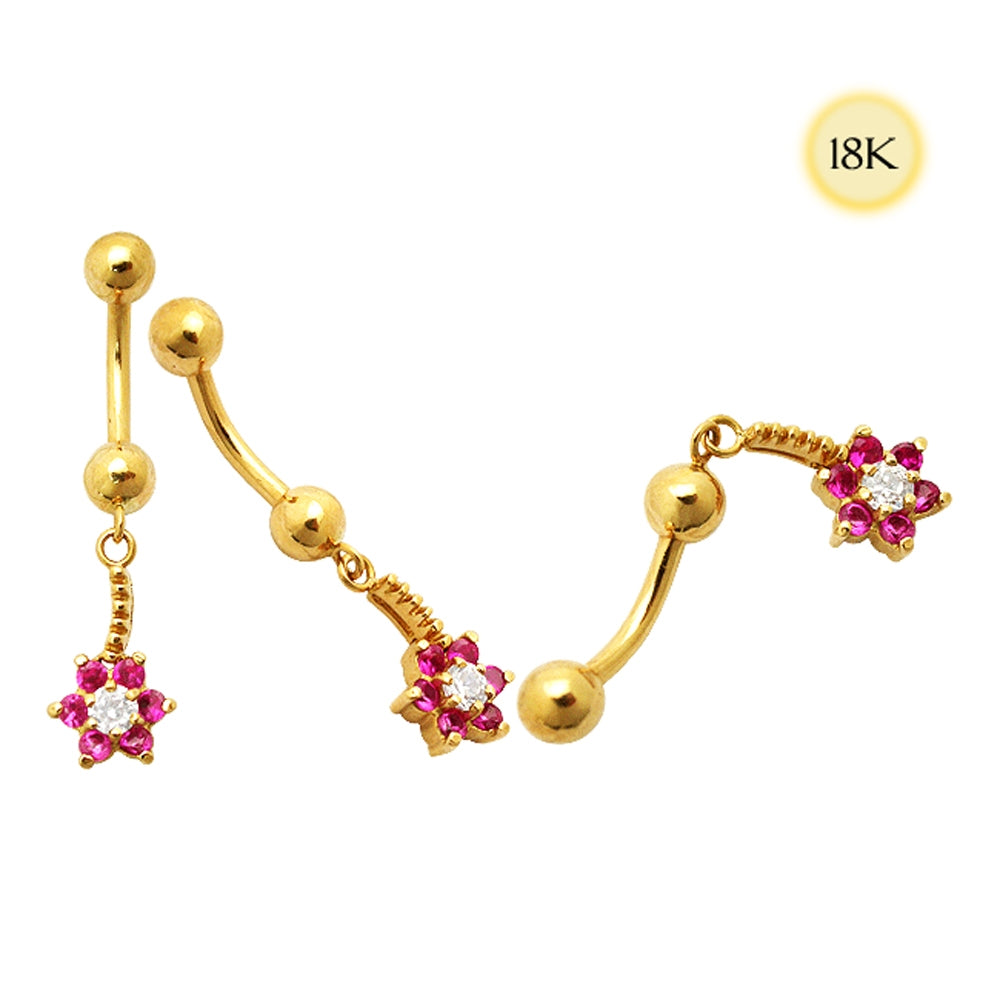 18K Gold Jeweled Flower Dangling Navel Ring