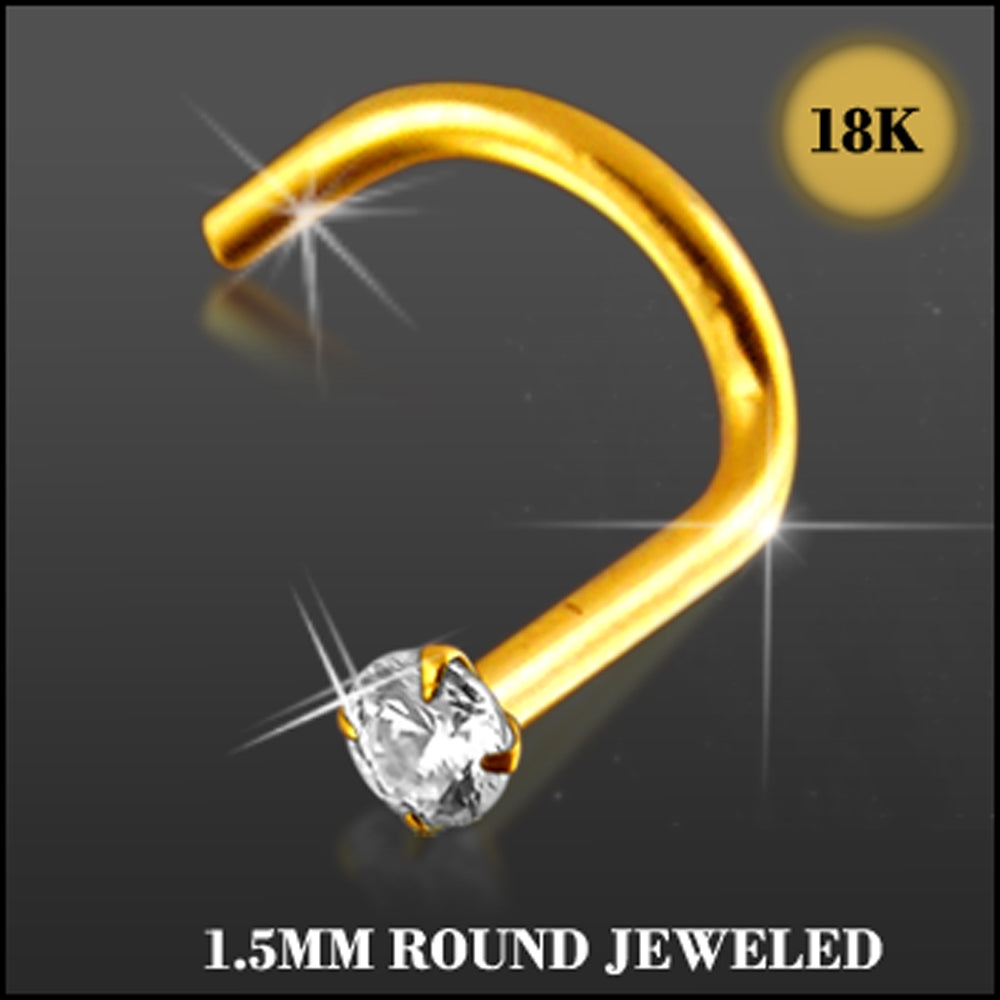 18K Solid Yellow Gold 1.5mm Jeweled Nose Screw