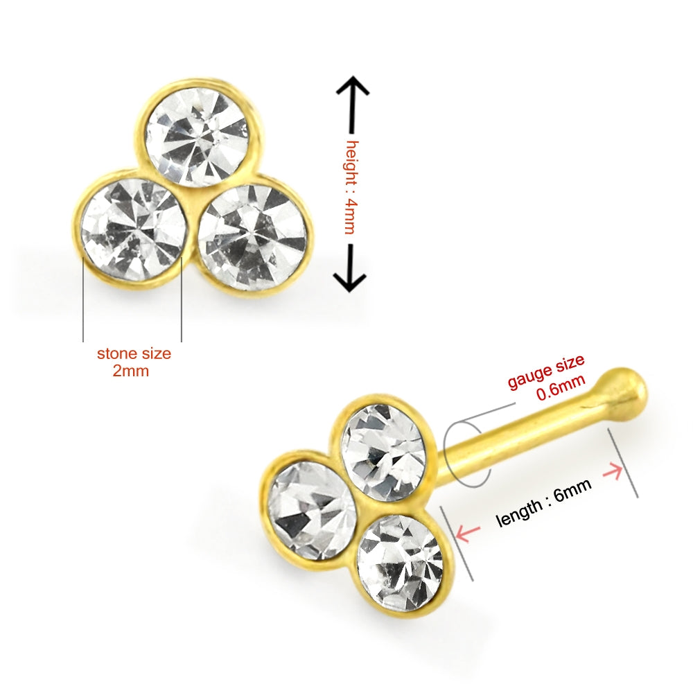 9K Jeweled Triple Stone Ball End Nose Pin
