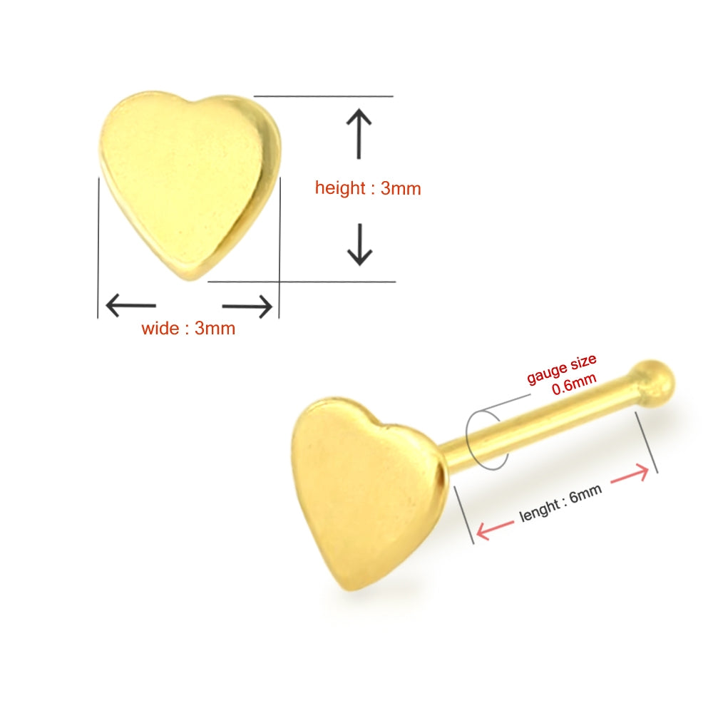 9K Gold 3mm Heart Ball End Nose Pin