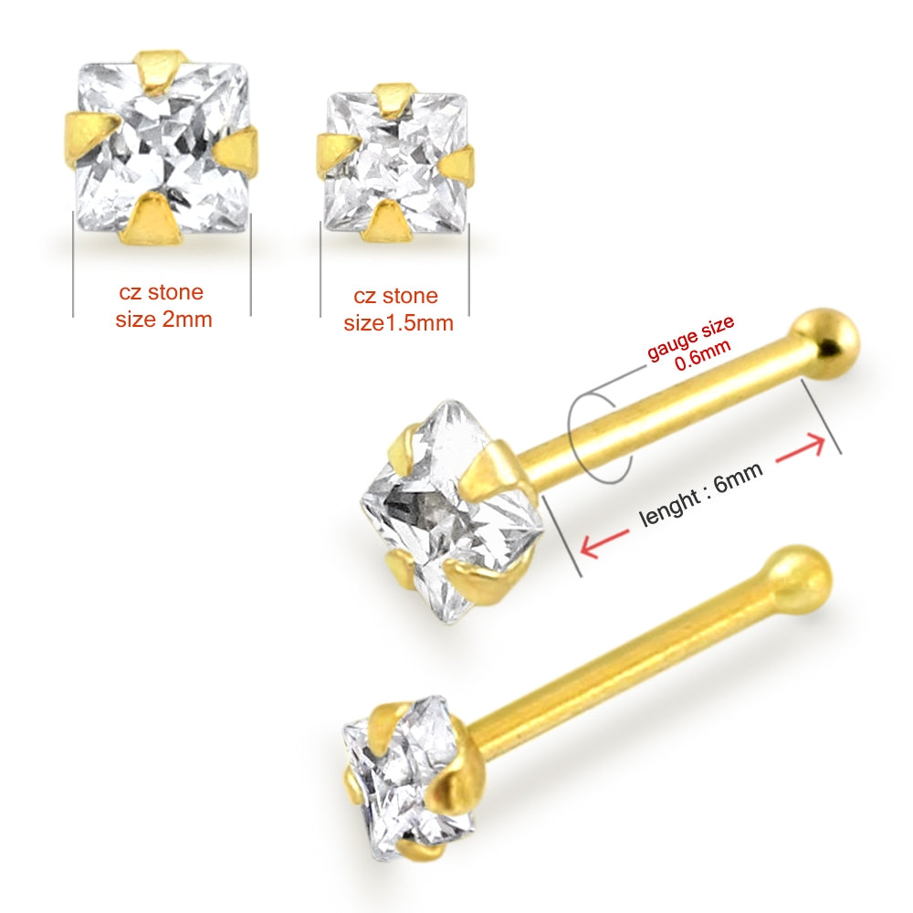 9K Solid Yellow Gold Nose Bone Stud with Square CZ in Box