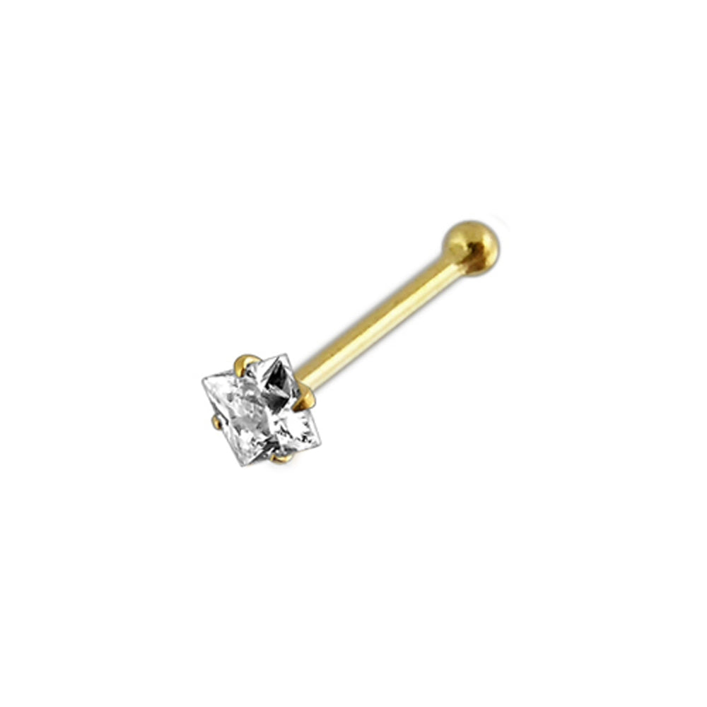 9K Solid Yellow Gold Nose Bone Stud with Square CZ in Box