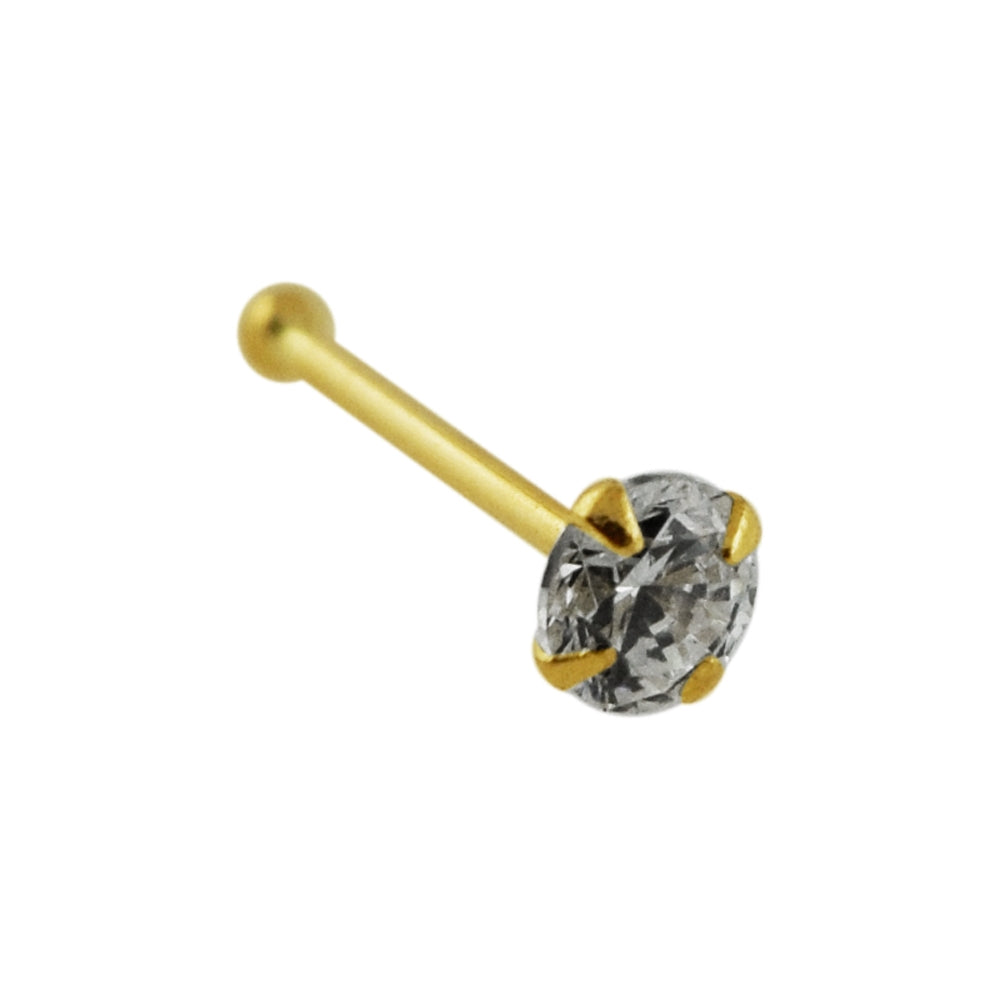 9K Solid Yellow Gold Round Jeweled Nose Bone in Box