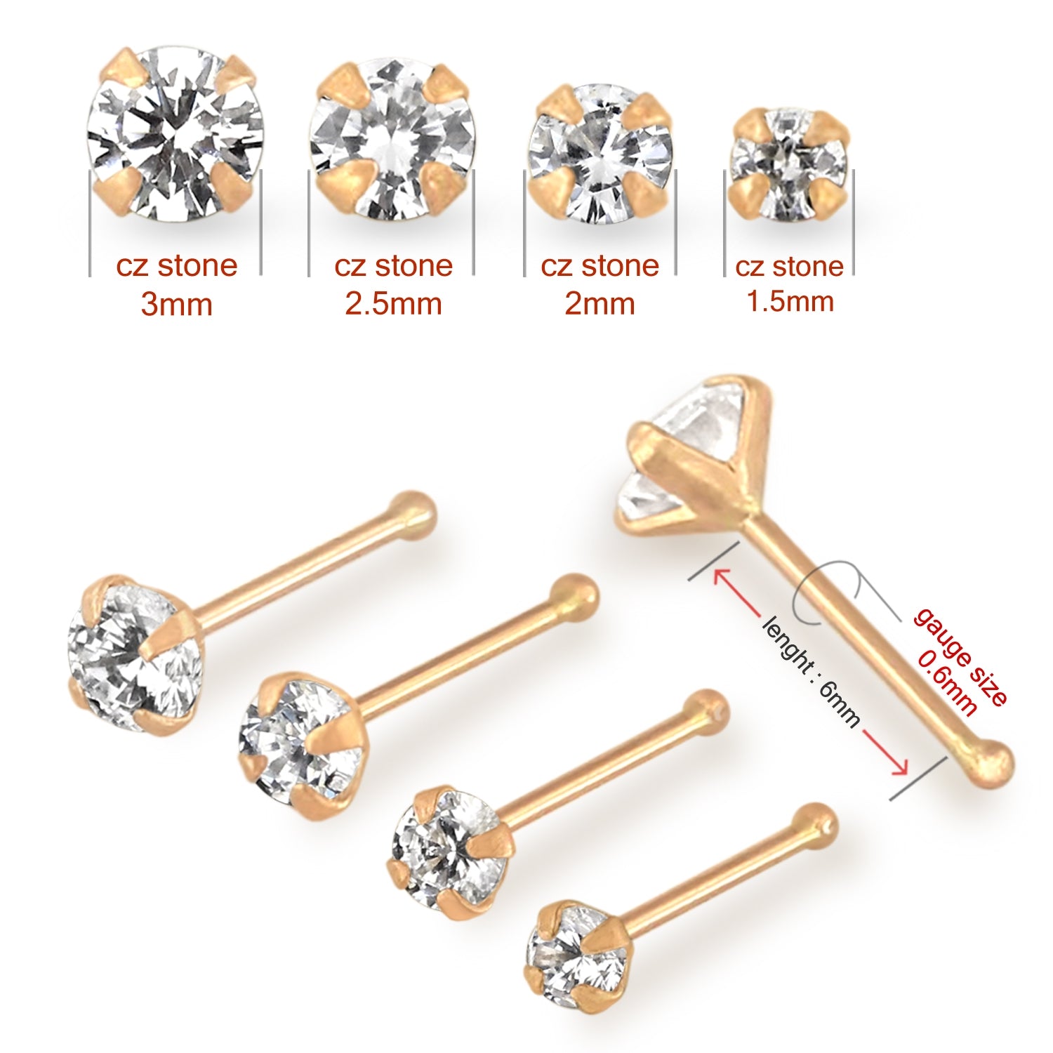 9K Solid Rose Gold Round Jeweled Nose Bone in Box