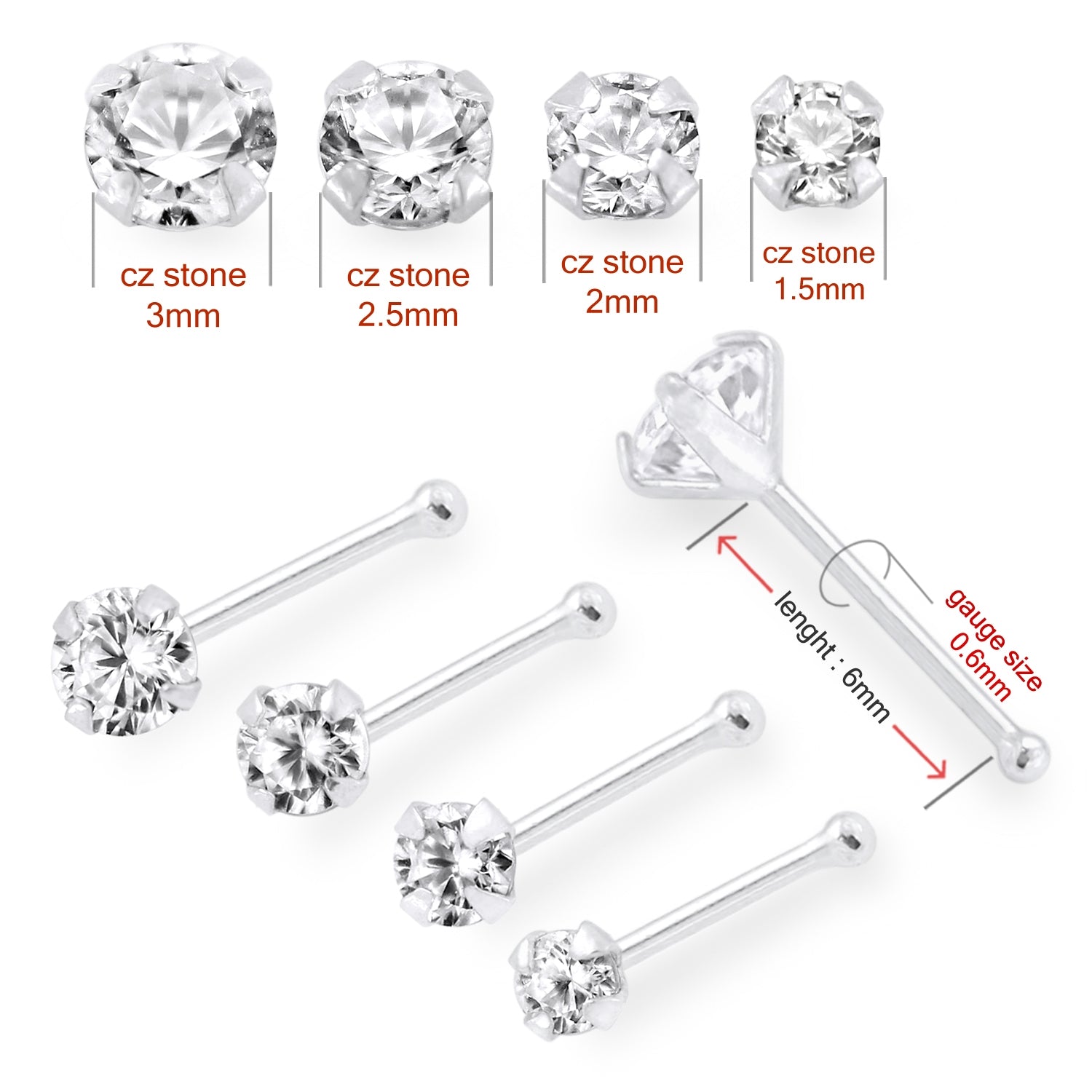 9K Solid White Gold Round Jeweled Nose Bone in Box