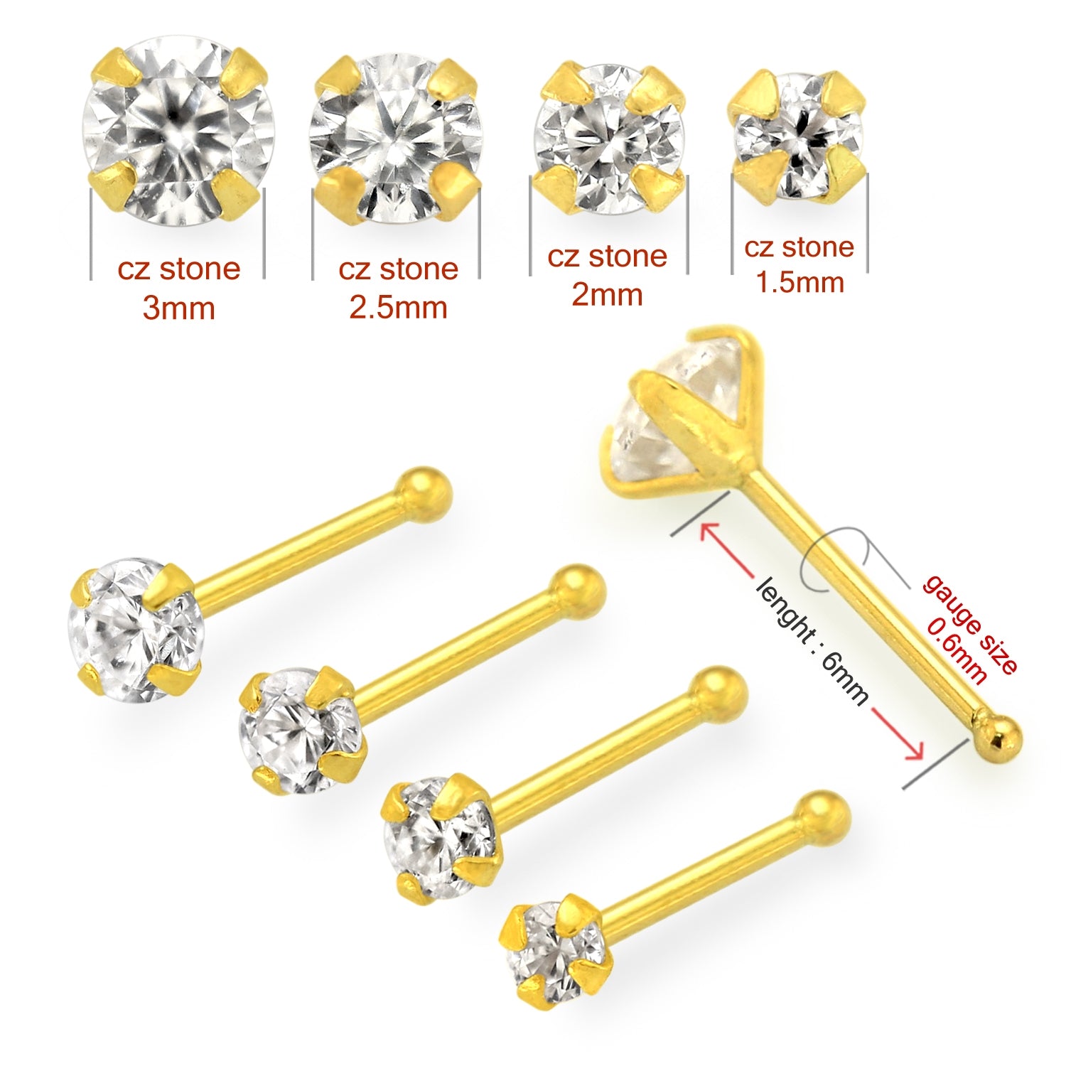 9K Solid Yellow Gold Round Jeweled Nose Bone in Box