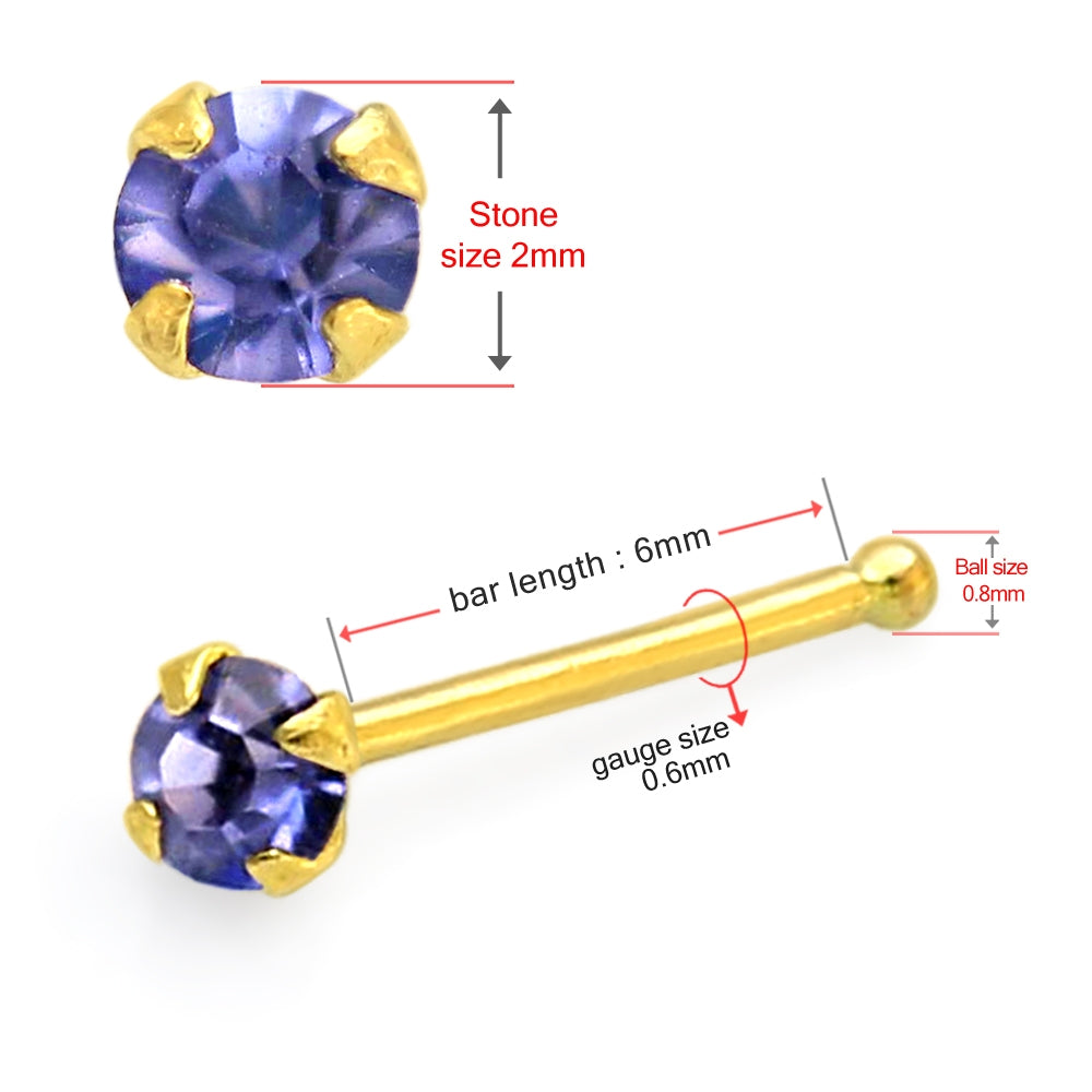 9K Solid Yellow Gold Tanzanite Jeweled Nose Bone Stud