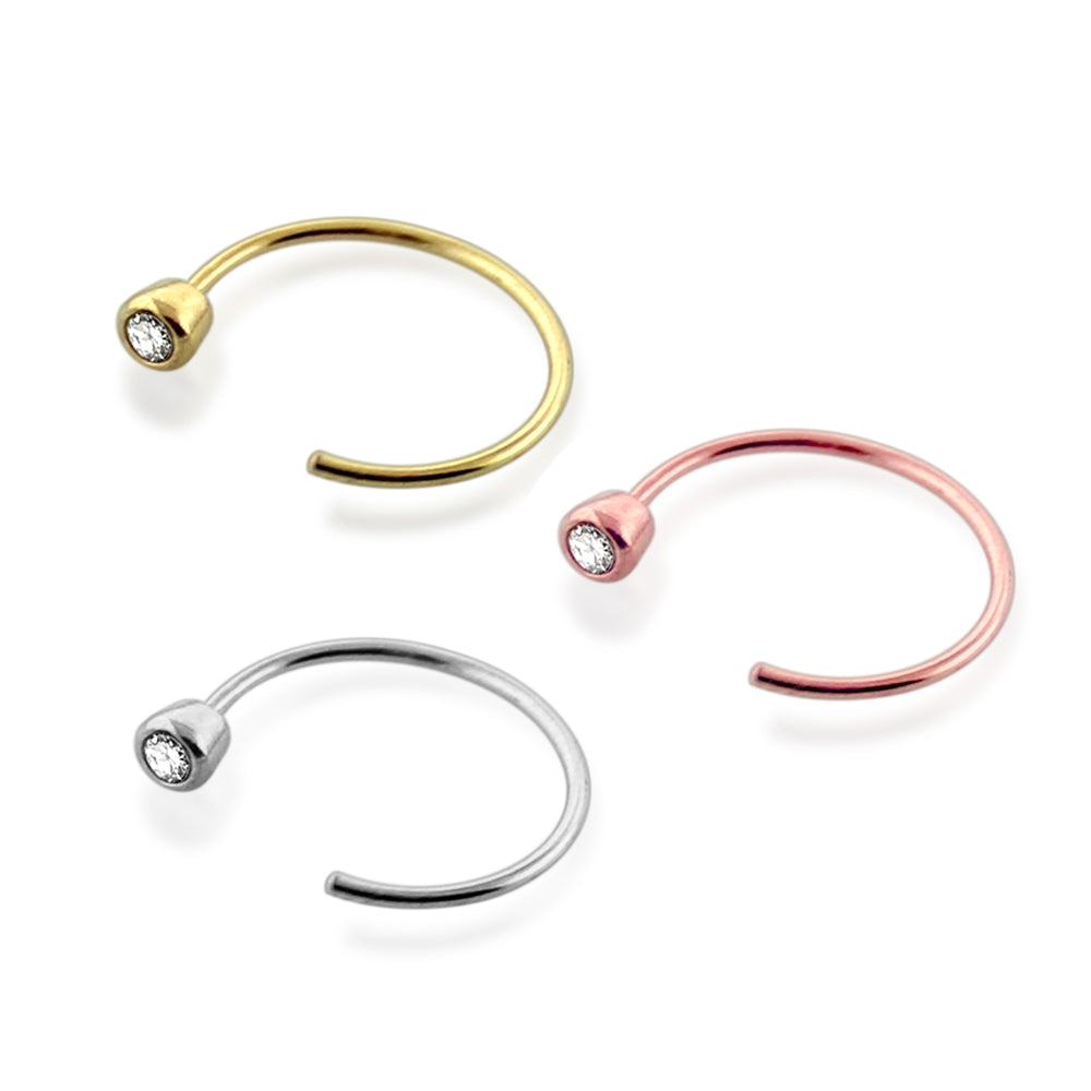 9K Gold Open Hoop Nose Ring with Bezel Setting CZ in a Box