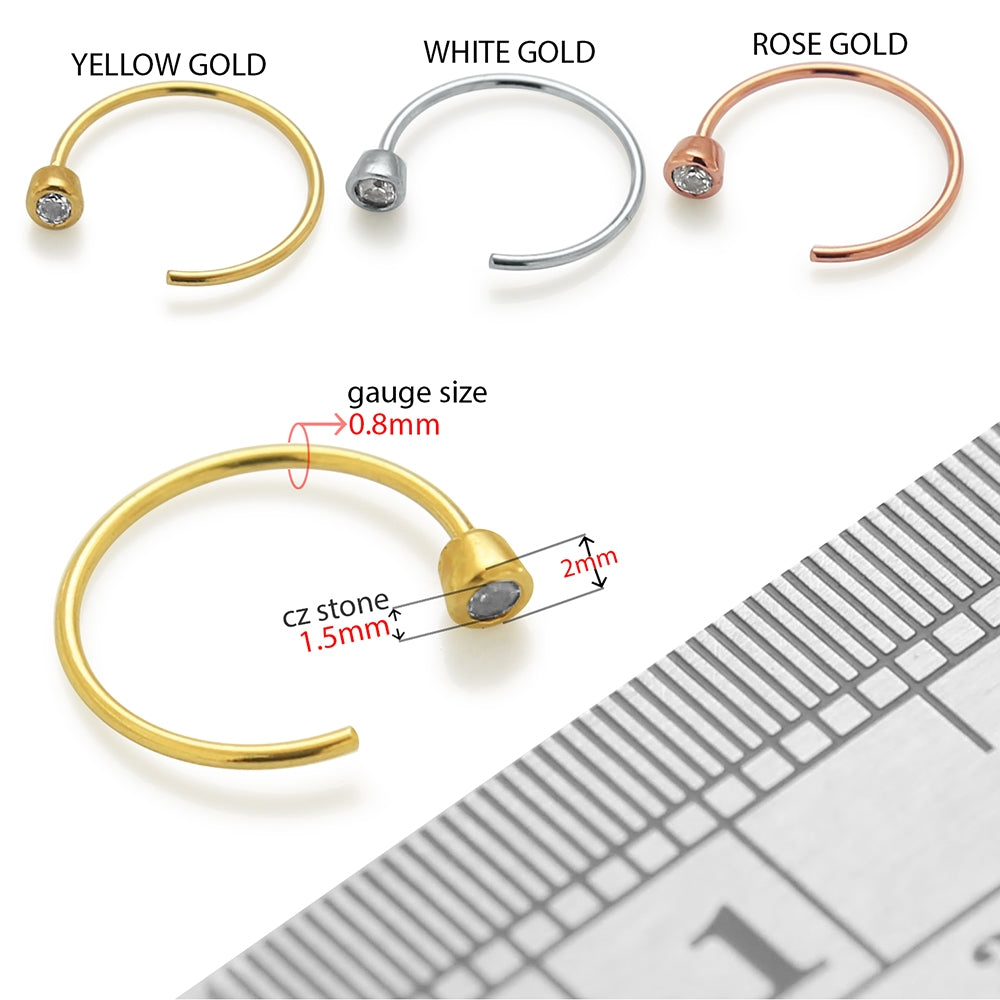9K Gold Open Hoop Nose Ring with Bezel Setting CZ in a Box