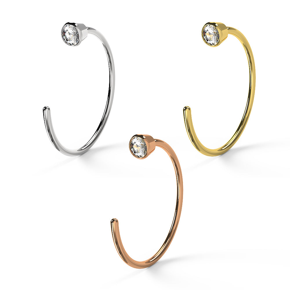 9K Gold Open Hoop Nose Ring with Bezel Setting CZ in a Box