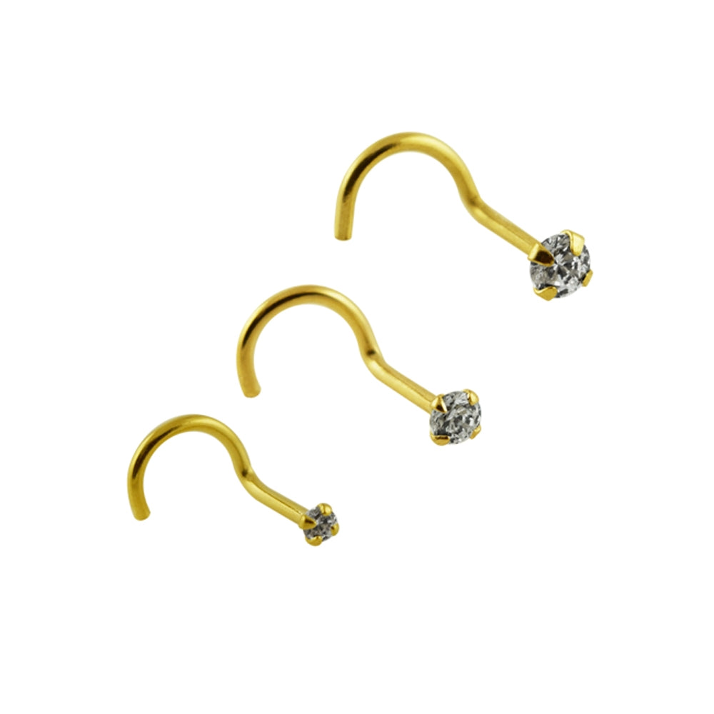 9K Solid Yellow Gold Round CZ Jeweled Nose Screw in Box