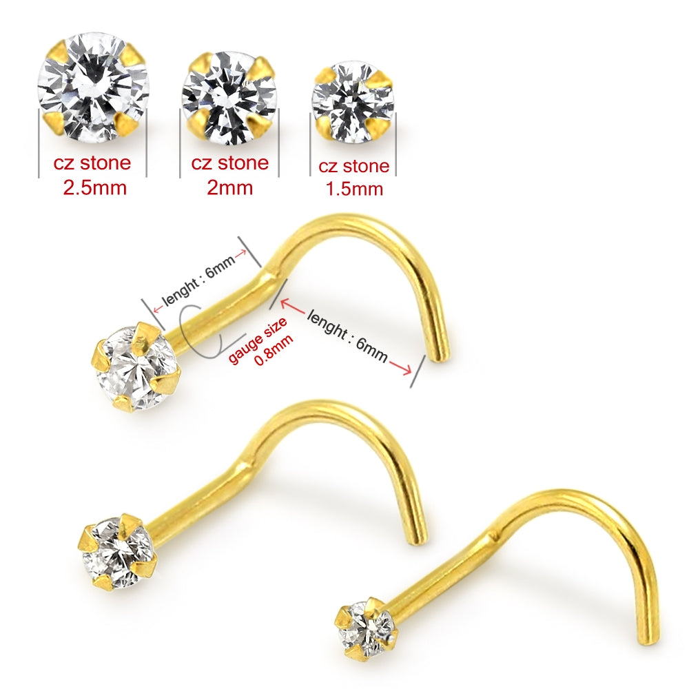 9K Solid Yellow Gold Round CZ Jeweled Nose Screw in Box