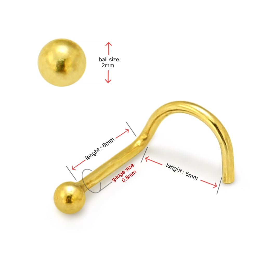 9K Solid Yellow Gold 2mm top ball Nose Screw