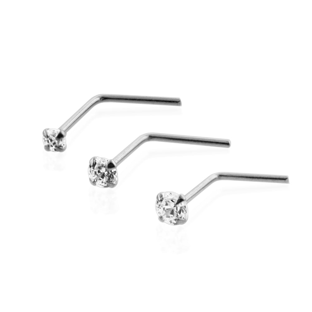 9K Solid White Gold L-Shaped Jeweled Nose Stud in Box