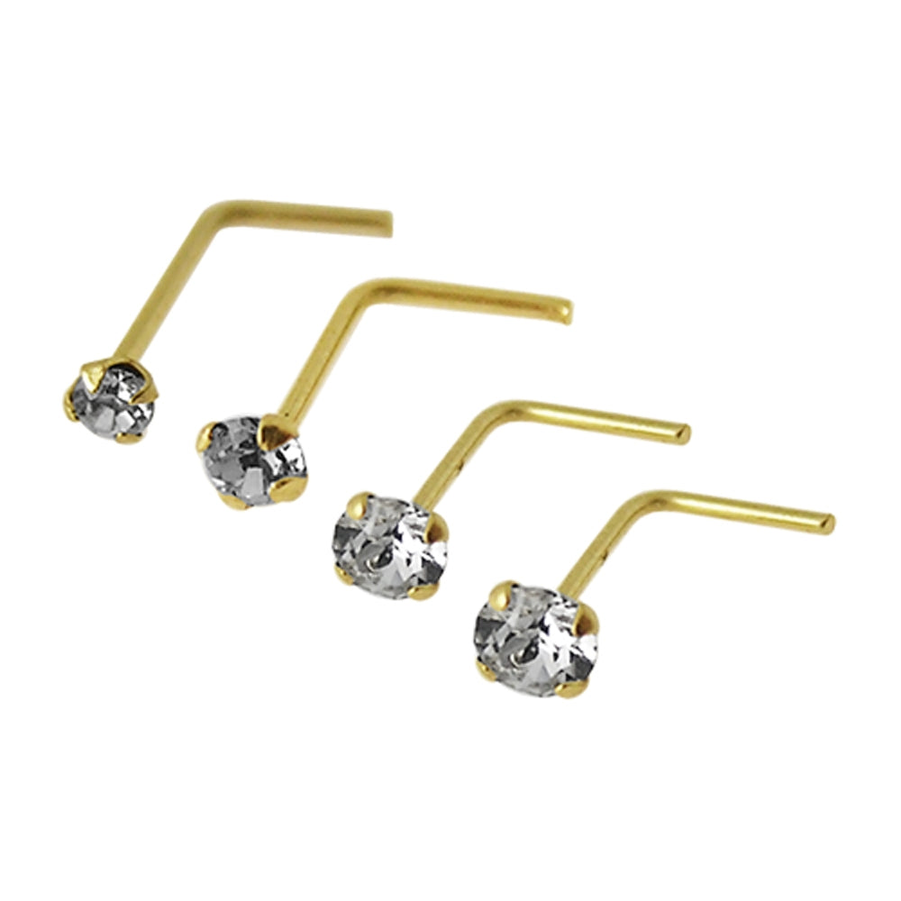 9K Solid Yellow Gold L-Shaped Genuine Crystal Nose Stud in Box