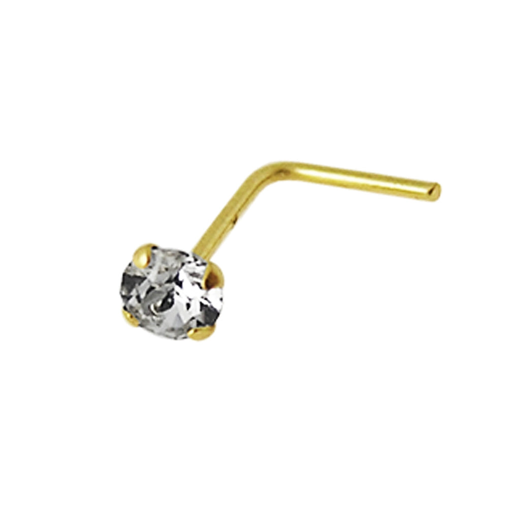 9K Solid Yellow Gold L-Shaped Genuine Crystal Nose Stud in Box
