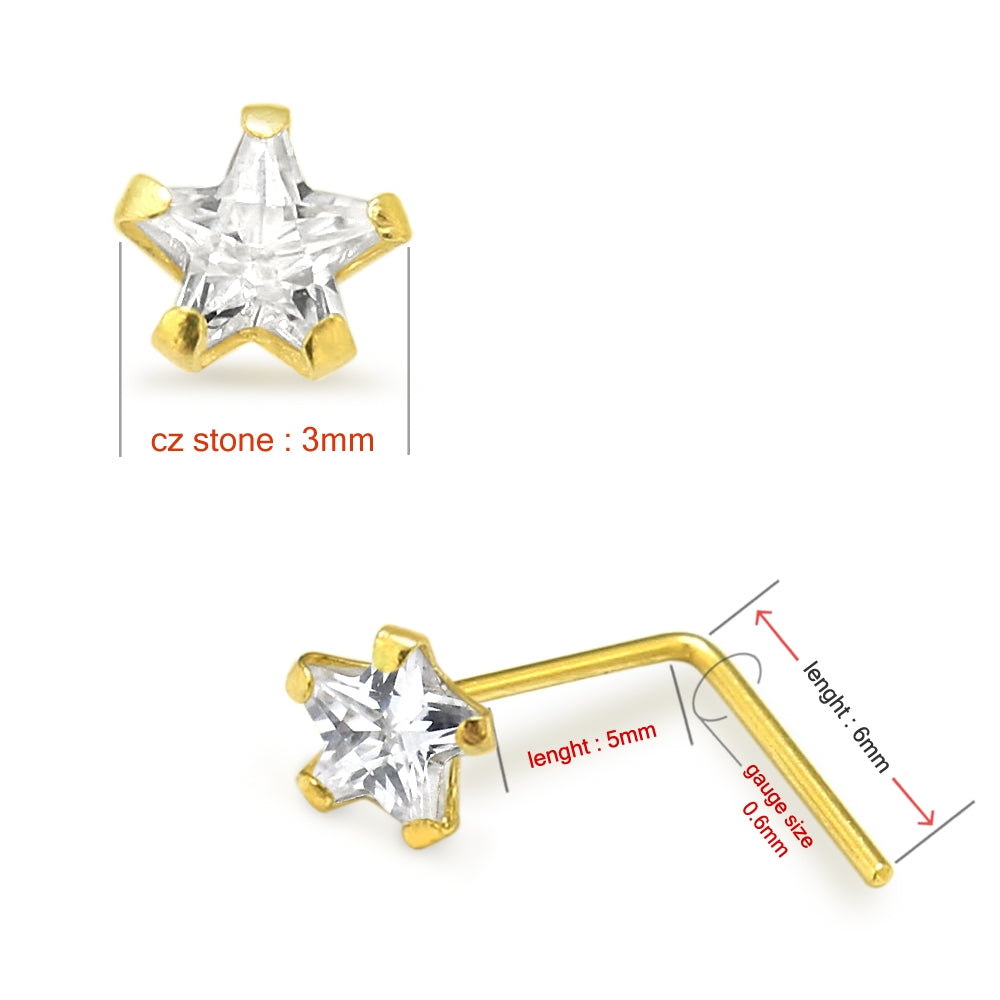 9K Gold L-Shaped Star CZ Nose Stud