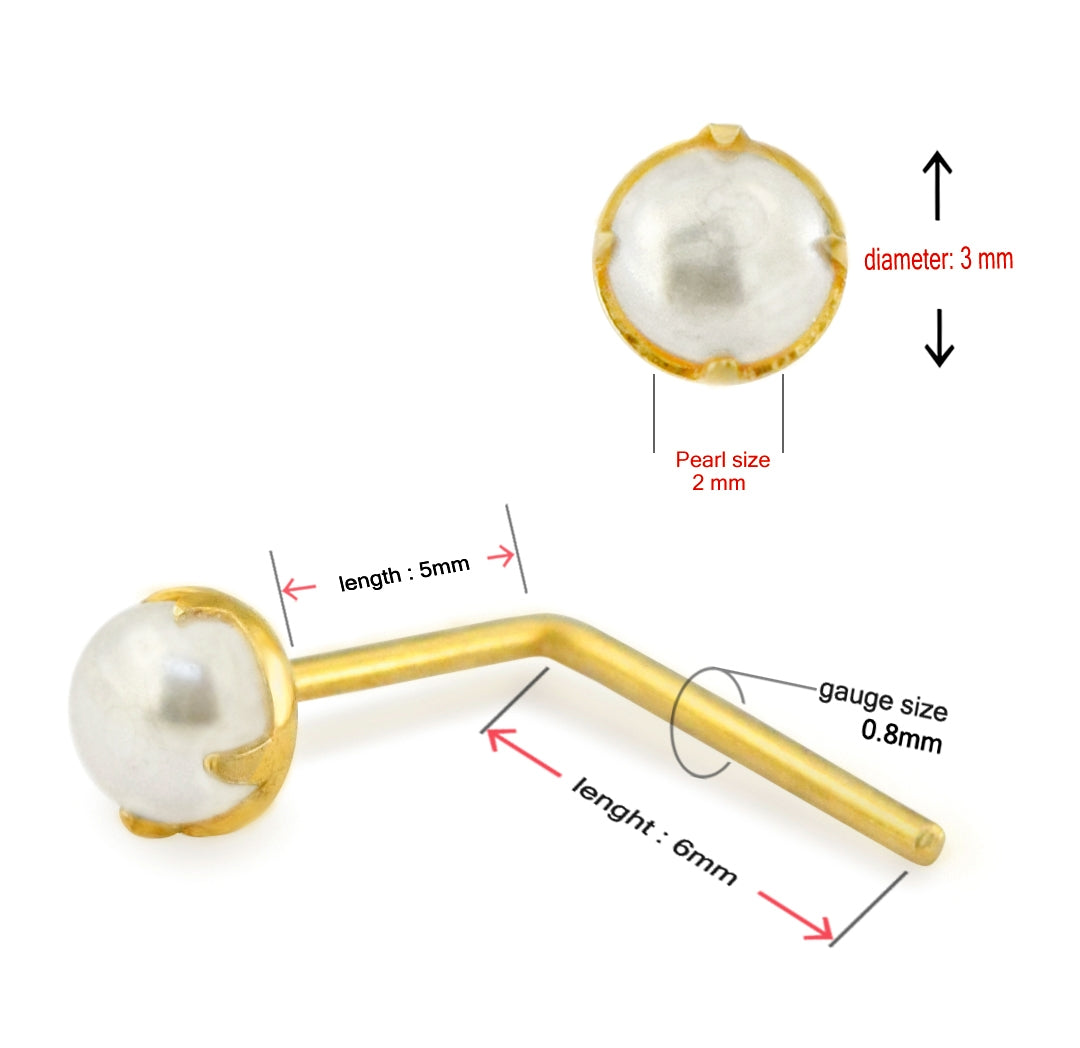 9K Gold L-Shaped Pearl Nose Stud