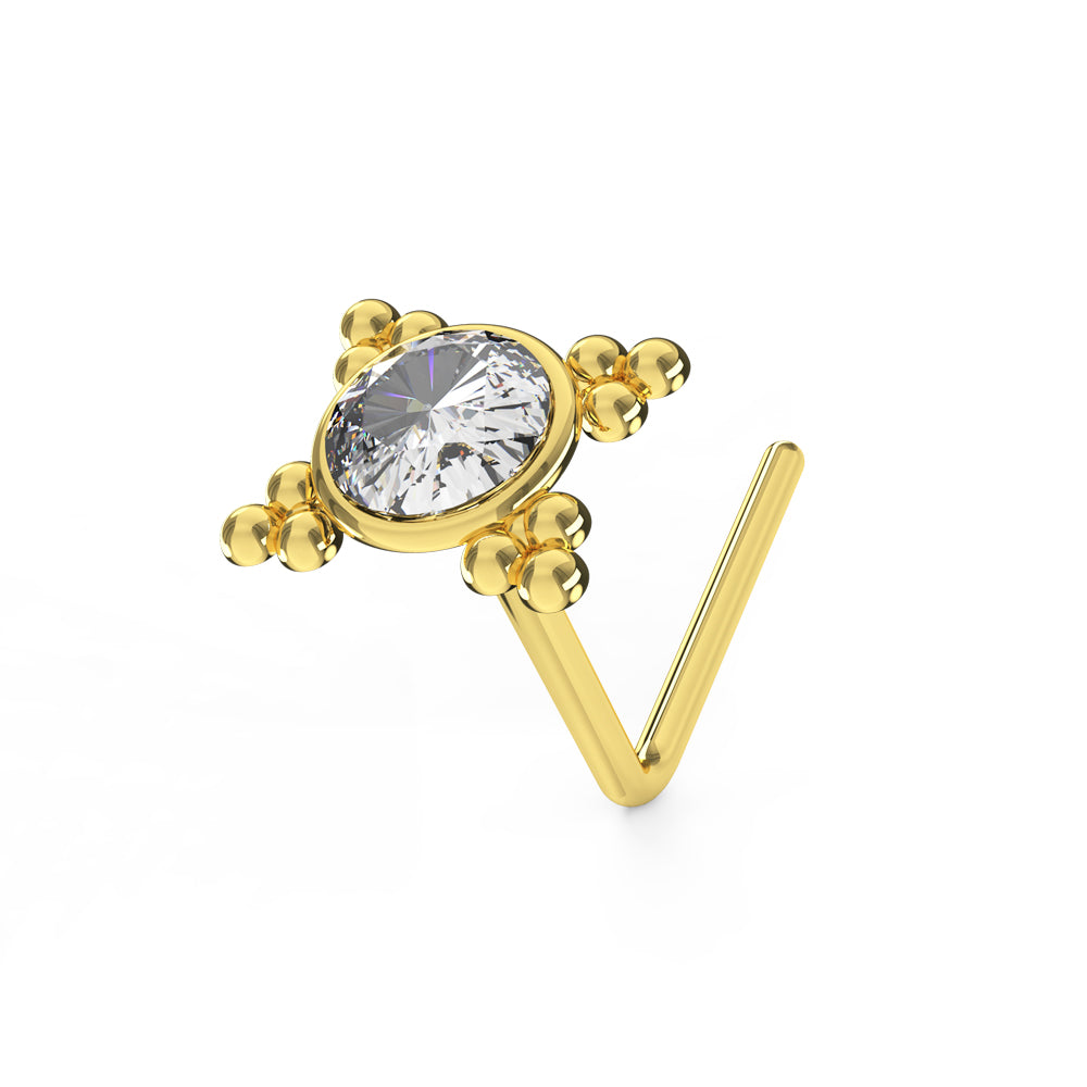 9K yellow Gold Jeweled L-Shape Nose Stud with Tribal Dots