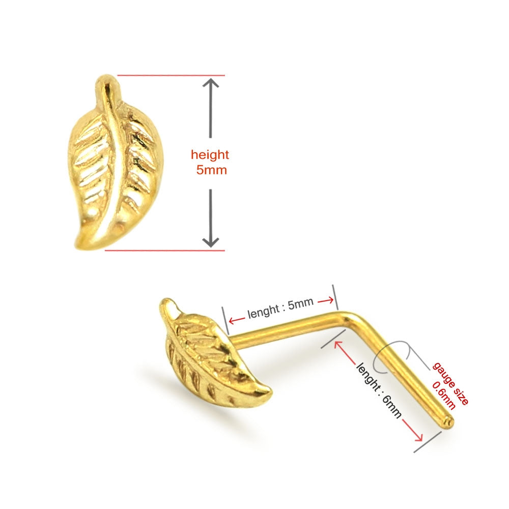 9K Yellow Gold Leaf Feather L-Shape Nose Stud